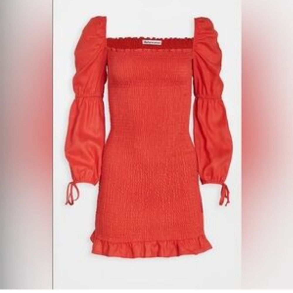 Reformation Red Hilary Smocked Long Sleeve Mini Dress
